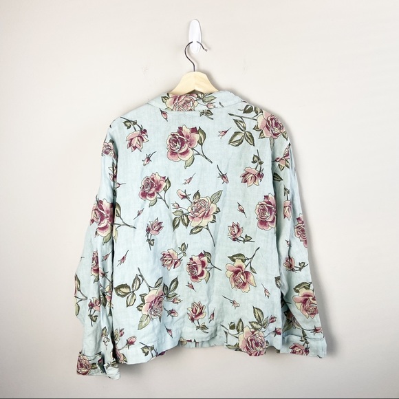Vintage 90's Garron Resort Mint Floral Linen Button Down Blouse - Picture 2 of 5